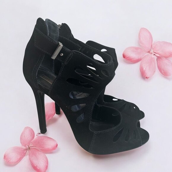 SCHUTZ Black Suede Zip Sandals Heels Size 6.5 - Picture 1 of 9